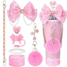 闪亮杯子配件，适用于 30 盎司 40 盎司 20 盎司带手柄的杯子，包括蝴蝶结吸管顶盖、吸管蝴蝶结装饰、皮革水瓶手柄带、靴子