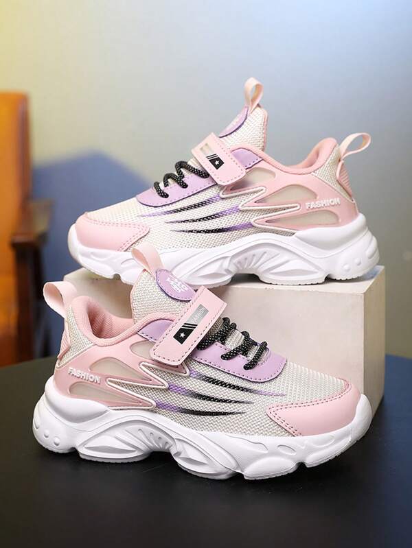 Breathable Mesh Sneakers, Casual Sport Style With Striped Pattern, Low-Top Shoes For All Season, Hook & Loop Closure, Round Toe Fabric Upper And EVA Outsole, Unisex, Adorable Shoes