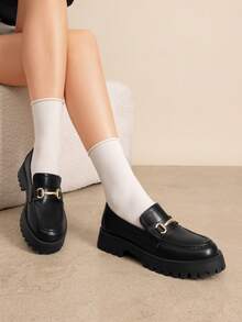Women Casual Loafers Platform 1.57-Inch Chunky Heels Slip On Comfortable Business Commute Preppy Dress Loafers Shoes - Black/PU - View 4