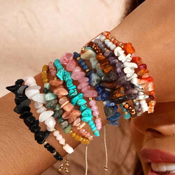 12 Peças Pulseira Trançada com Contas Assimétricas de Pedra Natural, Pulseira de Pedra Colorida para Homens e Mulheres, Uso Diário