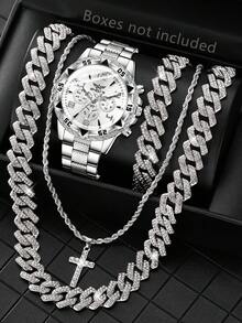 4件套银合金表带男士手表套装，商务时尚经典三眼石英表，配手链和项链，适合日常穿着或节日礼物 - 銀色 - 查看 1