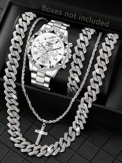 4PCS Silver Alloy Strap Men's Watch Set Business Fashion Classic Three Eye Quartz Watch Bracelet Necklace Set Suitable For Daily Clothing Matching Or Holiday Gifts