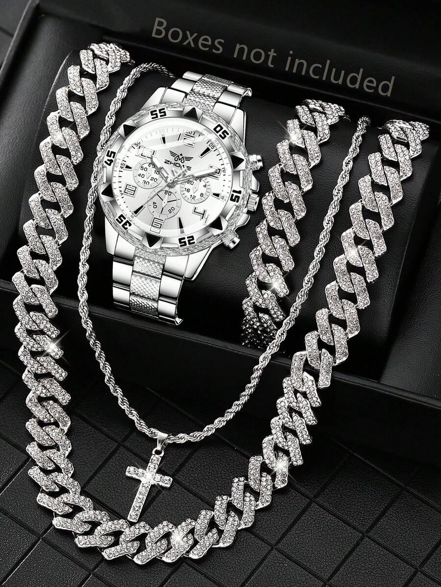 4件套银合金表带男士手表套装，商务时尚经典三眼石英表，配手链和项链，适合日常穿着或节日礼物 - 銀色 - 查看 1