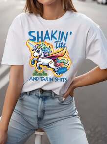 Top estivo casual da donna con scollo tondo, motivo arcobaleno e unicorno, colore albicocca, dolce ed elegante, adatto per abbigliamento casual da donna a casa, attillato, a maniche corte, t-shirt con grafica per donna