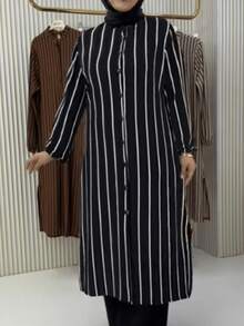 Women Long Striped Button-Front Arabic Style Tunic,Modest - Black - View 3