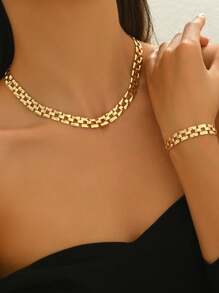 2pcs Minimalist Elegant Necklace + Bracelet Jewelry Set, Fashionable Minimalist Chic Metal Style, Iron Alloy Geometric Square Chain Necklace, Suitable For Daily, Street Style, Festivals, Gift For Friends, Versatile Accessory