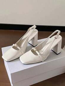 Giày cao gót Mary Jane màu bạc thanh lịch kiểu Pháp cổ điển Thu/Đông 2025, mũi vuông, quai ngang mắt cá chân, gót chunky, sang trọng, giày bít mũi nữ. - trắng - Xem 3