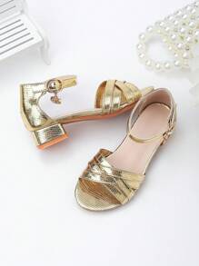 Sandali da ragazza Zantong con fibbia gioiello dorata, intrecciati, sandali estivi con tacco alto per bambini, semplici e scintillanti, con punta aperta, scarpe da festa da principessa eleganti per bambini piccoli e grandi