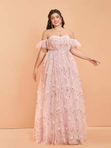 Plus Size Off Shoulder Embroidery Draped Mesh Maxi Wedding Dress, Bridesmaid Dress - Pink - View 4