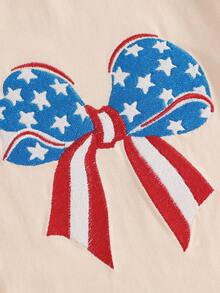Newborn Baby Girl 4th Of July Romper Short Sleeve American Flag Bow Embroidery Bubble Bodysuit Patriotic Oversized Tshirt Tops My First Fourth Of July Outfit Summer Clothes - Khaki - View 9