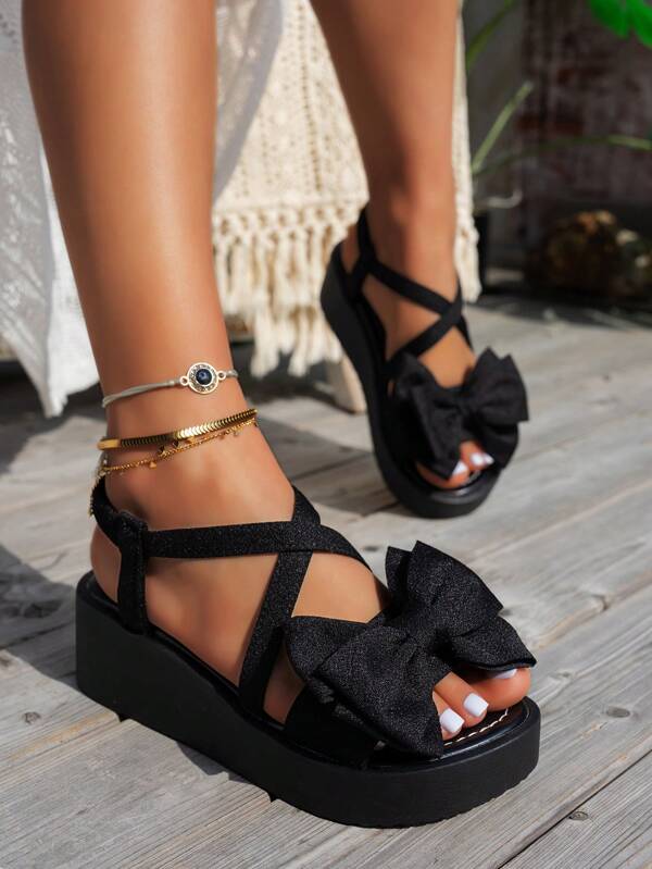 Women's Black Thick Sole Wedge Sandals With Oversized Bow Decor, Comfortable Cross Ankle Strap, Casual Beach Vacation Sandals, Fashionable Platform Shoes