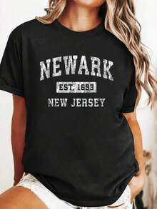 Summer Cotton T Shirt Newark New Jersey NJ Vintage Established Sports Design T-Shirt Graphic Tees Tops Shirts For Women - 黑色 - 查看 1