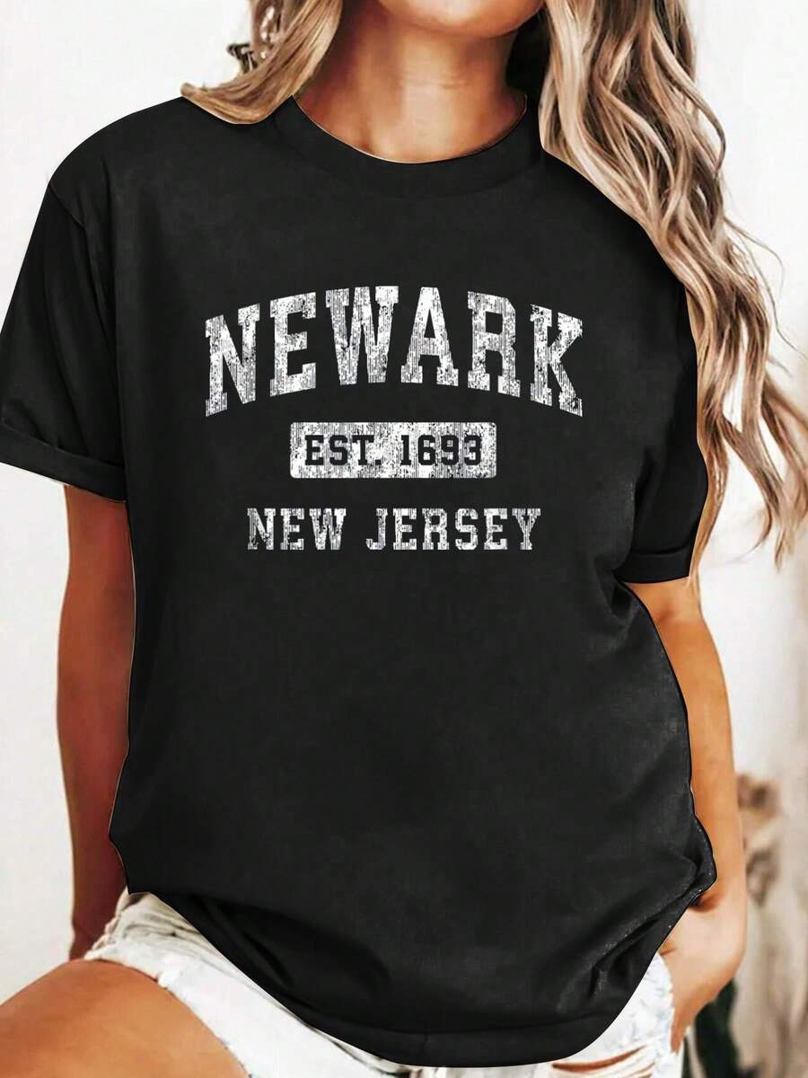 Summer Cotton T Shirt Newark New Jersey NJ Vintage Established Sports Design T-Shirt Graphic Tees Tops Shirts For Women - 黑色 - 查看 1