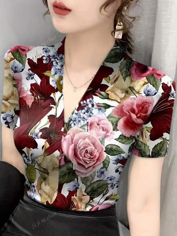 V-Neck Short Sleeve T-Shirt For Ladies, Fashion Chic Lightweight Fitted Printed Cami Blouse For Summer