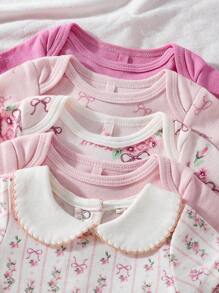 5pcs Baby Girls' Cartoon Short Sleeve Bodysuit, Cute Spring/Summer