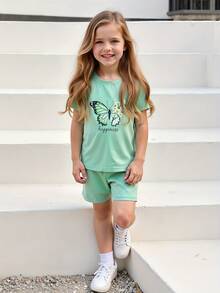 4-8Y Girls Cute Butterfly & Flower Print "Happy" Short Sleeve T-Shirt & Shorts Set, Casual Playwear Outfit, Summer - Mint Green - View 3