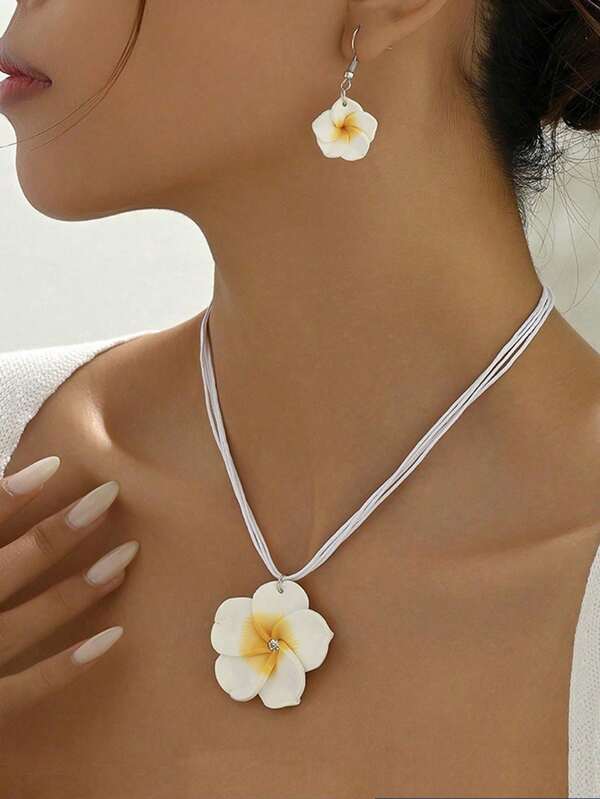 3 Peças Conjunto de Colar e Brincos, Design Elegante de Flores Plumeria Havaiana, Conjunto de Joias para Mulheres