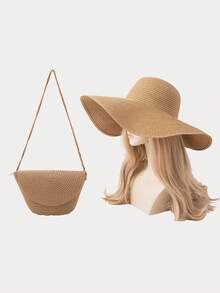 2pcs Set: Women Bohemian Solid Color Straw Hat + Straw Flip Cover Bag, Suitable For Spring Seaside, Beach, Daily Outing, Fashion Outfit Valentines Gift - A - View 15