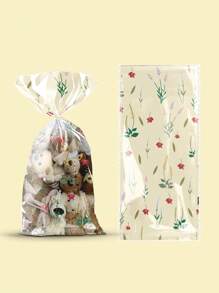 50pcs Floral Cellophane Treat Bags - Clear Plastic Goody Bags With Twist Ties, Assorted Wildflower & Teddy Bear Designs For Bridal Showers, Birthdays, Weddings, And Party Favors, Biscuit Self-Sealing Bag, Food Packaging Bag, Packaging Bag (4 Styles Mixed)