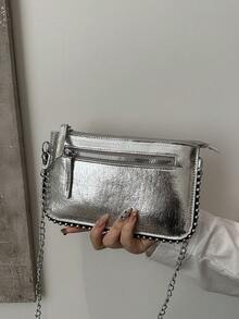 Geantă plic, poșetă clutch la modă, geantă de mână pentru femei argintiu metalic, geantă de mână cu umăr cu lanț, geantă pătrată mică cu fermoar - Argintiu strălucitor - Vizualizare 13