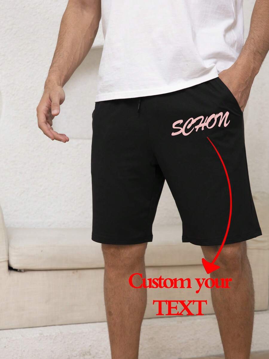 男士个性化文字/引言/照片定制印花夏季短裤，适合男士定制礼物，周年纪念、生日、派对、节日、音乐活动、公司文化 T 恤、家庭聚会、慈善团队、男士夏季下装 - 黑色 - 查看 1
