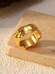 1 件休闲度假风格女士戒指，设计有贝壳、心形、笑脸等各种形状，镀 18k 金，采用不锈钢材质，适合女性日常度假佩戴 - 金黃色 - 查看 25