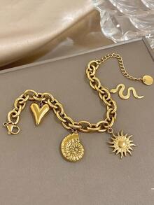 1Pc Summer Heart/Snake/Sun/Shell Charms Charm Bracelet For Women Girls, 18K Gold Plated Stainless Steel Chain, Mother Day Gift, Teacher Gifts, Graduation Gift, Bohemia Beach Stackable Jewelry, Retro Fantasy Statement Bracelet For Summer Travel & Festivals, For Daily Party, Rave/Prom Accessories Gold Yellow Jewellery - Multicolor - View 8