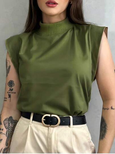 Blusa Muscle Tee Feminina  Simples  Casual  elegante  Tecido de malha      Lisa sem Estampas   Diário  outono