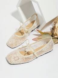 Women's White Ballet Flats With Bow Decor, Flower Embroidery, Breathable Mesh Vamp, Square Toe, Suitable For Wide Or Plump Feet, Summer Mary Jane Shoes