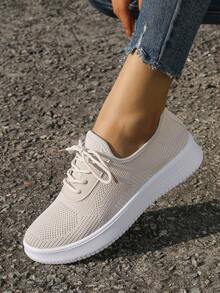 女士休闲鞋运动学院风波西米亚系带户外健身鞋透气舒适 - 米色 - 查看 1