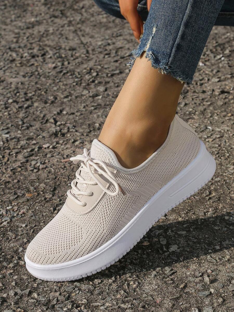 女士休闲鞋运动学院风波西米亚系带户外健身鞋透气舒适 - 米色 - 查看 1