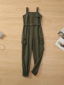 欧美风女式工装口袋连体裤，休闲无袖背带裤，配有抽绳腰带和腰带，春季优雅款 - 綠色 - 查看 3