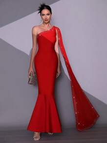红色性感单肩闪亮钻石美人鱼绷带晚礼服开袖优雅婚礼伴娘服宾客生日派对节日舞会表演服女士正式晚宴礼服 - 紅色 - 查看 3