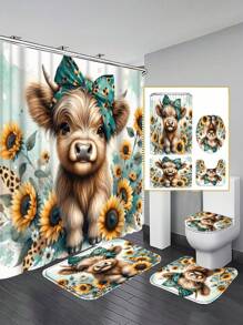 1/4pcs Shower Curtain Set,Highland Cow Sunflower Cartoon Bathroom Curtains Shower Set, Shower Curtains,Bathroom Accessories Including Bathroom Carpet Toilet Mat And 12 Shower Curtain Hooks,Bathroom Set With Curtain,Suitable For Bathroom Decor,Room Decor,Home Decor, House Decor, Kitchen, Living Room. Back To School