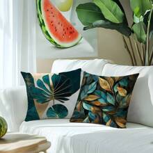 [2D Flat Printing] 4pcs 3D Green And Gold Leaf Print Pattern Pillow Covers [Without Pillow Insert], 17.7*17.7in (45*45cm), [Single-Sided Printing] Polyester Decorative Cushion Covers For Sofa, Bed, Living Room, Bedroom, Car, Office, Hotel, Room Decor, Home Decor, Bedroom Decor, All Season, Perfect Gift For Family And Friends
