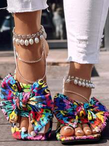 Colorful Cartoon Letter & Bow Print Women's Slippers, Fashion Square Toe Slip-On Flats, Casual Beach Sandals
