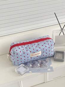 Bolsa de cosméticos con cremallera de tela suave con forma de corazón de color azul en polvo, bolsa de almacenamiento dulce para maquillaje, artículos de tocador, hogar, viaje, mujer