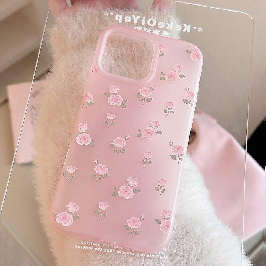 Flower GUCADI 1pc Soft Protective Case With Gentle Pink Rose Design, Jelly Feeling Compatible With Apple 16/15/14/13/12/11 Series, Spring & Summer New Arrival Waterproof Shockproof Anti-Fall Scratch Resistant - Pink - View 1