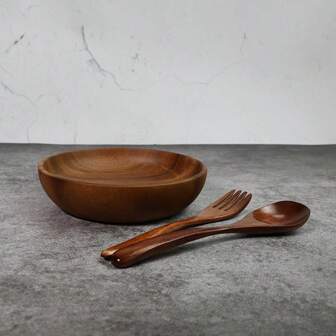 1 Plate + 1 Spoon + 1 Fork Rosewood Fruit Plate Retro Style Solid Wood Serving Dish Bowl Tableware Set