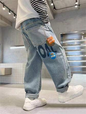 بنطلونات جينز لغلمان المراهقين للربيع والخريف 2024 مجموعة جديدة، بناطيل دينيم موضة الأطفال للفتيان المراهقين