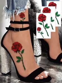3pcs 3D Red Rose Flower Temporary Tattoo Stickers, Waterproof Fake Tattoo Lasts For 2-5 Days, Suitable For Women And Men, Cover Scars, Can Be Used On Arms, Wrists, Shoulders, Legs, Waist, Neck, Hands, Chest, Thighs, Fingers - Multicolor - View 2