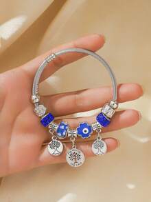 Popular Classic Silver Stainless Steel Bracelet Exquisite Pendant Alloy Adjustable Couple Bracelet - 藍色-4 - 查看 6