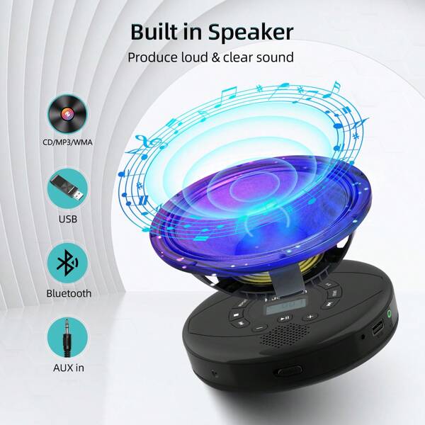 CD Portable Player, Bluetooth Wireless Connection, USB Charging + AUX Wired Input, Hi-Fi Sound Quality, LCD Display Screen, Suitable For Car, Home, Outdoor Use, 3-In-1 Gift
