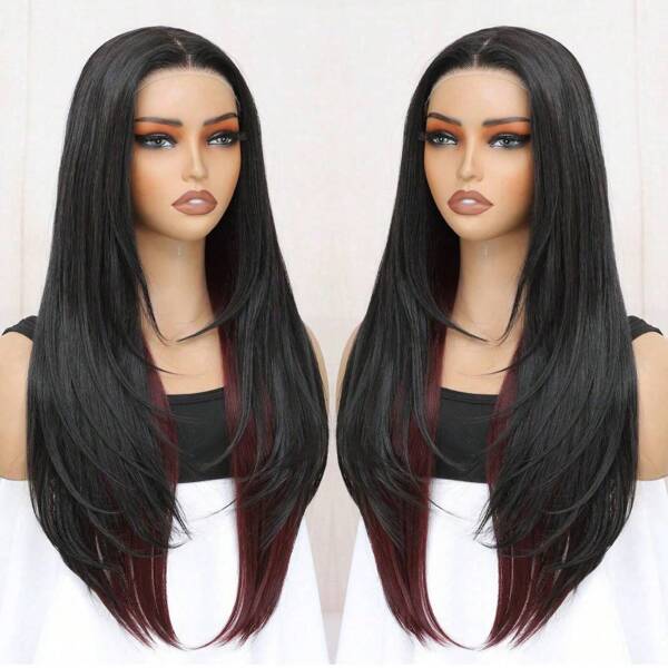 Pelucas sintéticas con encaje delantero, cabello lacio en capas largas, con flequillo, de 26 pulgadas de color natural 1B, listas para usar sin pegamento ni cortar, ideales para principiantes en 3 segundos
