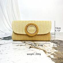 Multi-Layered Twisted-Lock Flap Rhinestone Hardware Straw Handbag, Vacation Travel Tote, New Straw Bag With Rhinestone Flower Design, Woven Mini Square Purse, Beach Accessory - Khaki - View 5