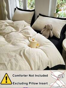 3pcs Ivory White & Black Student Dormitory Bed Ultra-Soft Narrow Edge Quilt Cover Set, 2 Pillowcases 1 Quilt Cover, Machine Washable (Filling Not Included) - Creamy White - View 4