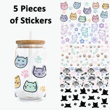 5 adesivos de copo de vidro DTF UV com gatinho fofo, adesivos de cristal 3D à prova d'água e resistentes a arranhões, adequados para copos de vidro de 473 ml, canecas, artesanato, ótima opção para decorar itens pessoais! (11,9 cm x 24,9 cm)