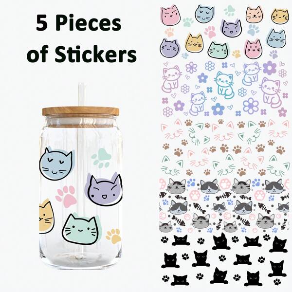5 adesivos de copo de vidro DTF UV com gatinho fofo, adesivos de cristal 3D à prova d'água e resistentes a arranhões, adequados para copos de vidro de 473 ml, canecas, artesanato, ótima opção para decorar itens pessoais! (11,9 cm x 24,9 cm)