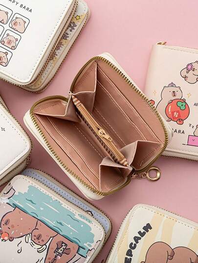 Cute Capybara Theme Compact Faux Leather Wallet - Lightweight Zipper Mini Wallet With Multiple Card Slots And Coin Pouch, Easy To Clean, Fashionable Design With Cartoon Bear And Pastel Elements, Daily Coin Purse | Playful Design | Lightweight Wallet