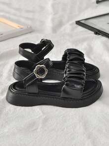 1 双女童夏季时尚凉鞋，时尚耐磨防滑休闲平底凉鞋 - 黑色 - 查看 3